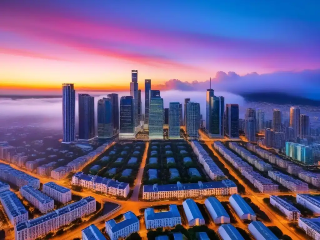Inversiones inmobiliarias internacionales: ciudad diversa al atardecer Vibrante ciudad con inversiones inmobiliarias internacionales y rascacielos, en un atardecer impresionante