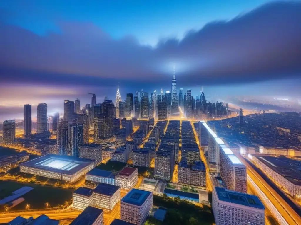 Vibrante skyline metropolitano al anochecer: luces y modernidad urbana Vibrante ciudad metropolitana al atardecer, reflejando el impacto del desarrollo en áreas metropolitanas