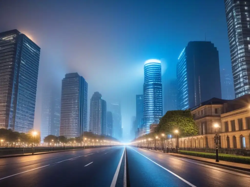 Metrópolis nocturna: luces LED futuristas iluminan rascacielos modernos Vibrante ciudad metropolitana iluminada de noche, reflejos y sombras bajo luces LED futuristas