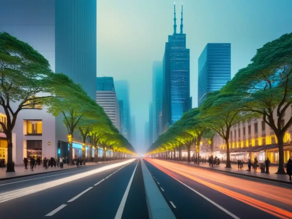 Metrópolis nocturna: modernos rascacielos iluminados y vibrante vida urbana Vibrante ciudad metropolitana iluminada por impacto del alumbrado público en propiedades metropolitanas