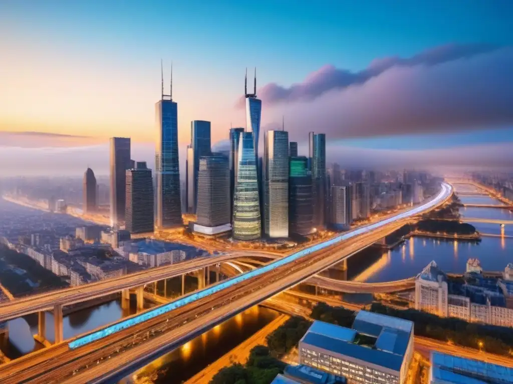 Metrópolis moderna al atardecer: luces vibrantes y arquitectura innovadora Vibrante ciudad metropolitana al anochecer, resalta infraestructuras clave crecimiento áreas metropolitanas