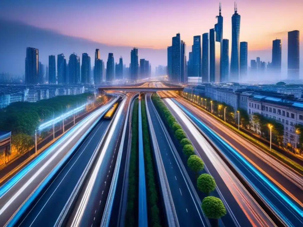Metrópolis futurista: redes de transporte interconectadas Vibrante ciudad metropolitana al anochecer con moderna infraestructura de transporte, simbolizando la importancia en áreas metropolitanas