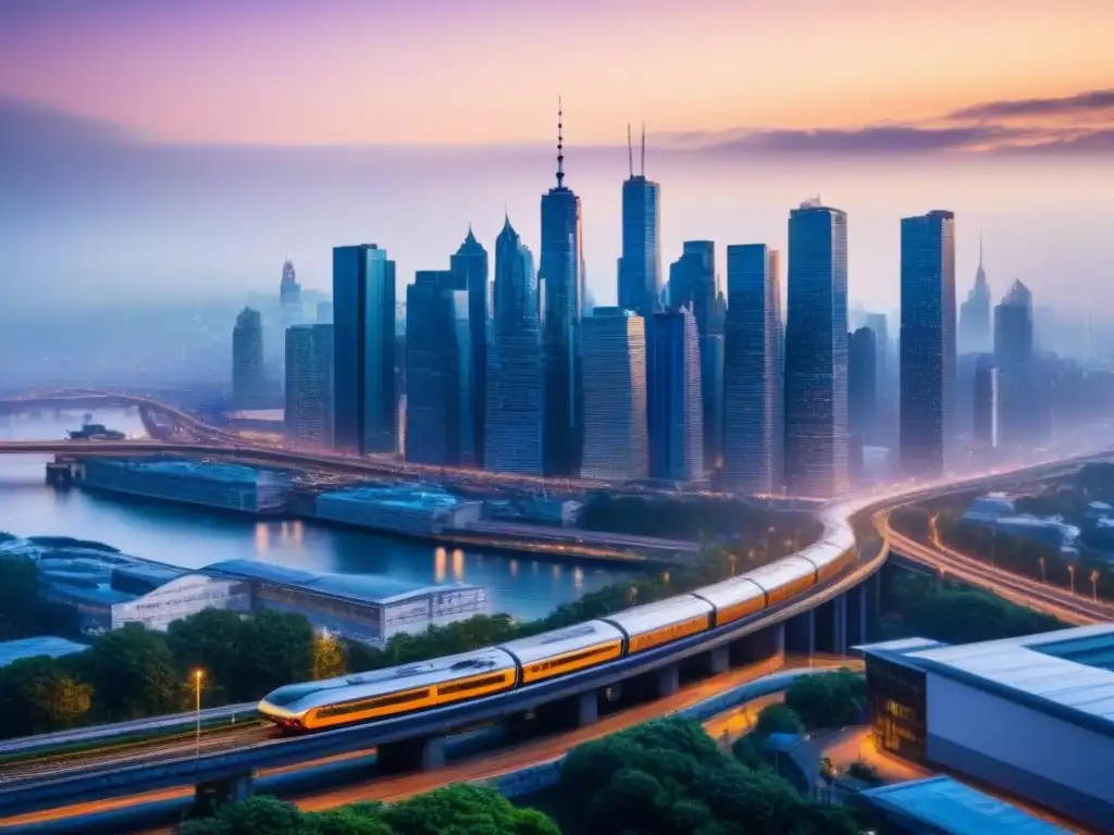 Metrópolis vibrante: luces y movimiento en la ciudad Vibrante ciudad metropolitana al anochecer, con rascacielos iluminados y redes de transporte clave para el crecimiento urbano