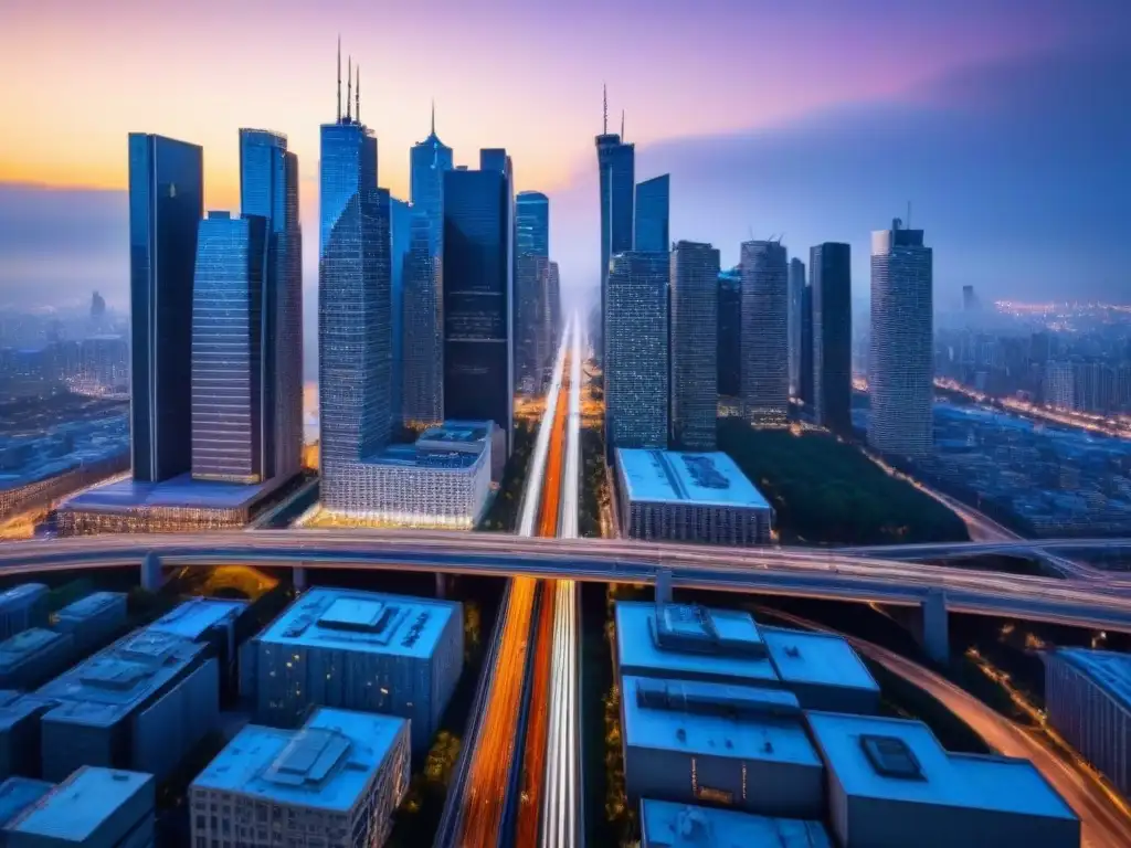 Metrópolis moderna: atardecer vibrante entre rascacielos y luces de ciudad Vibrante ciudad metropolitana al anochecer, con rascacielos iluminados y concurridas autopistas