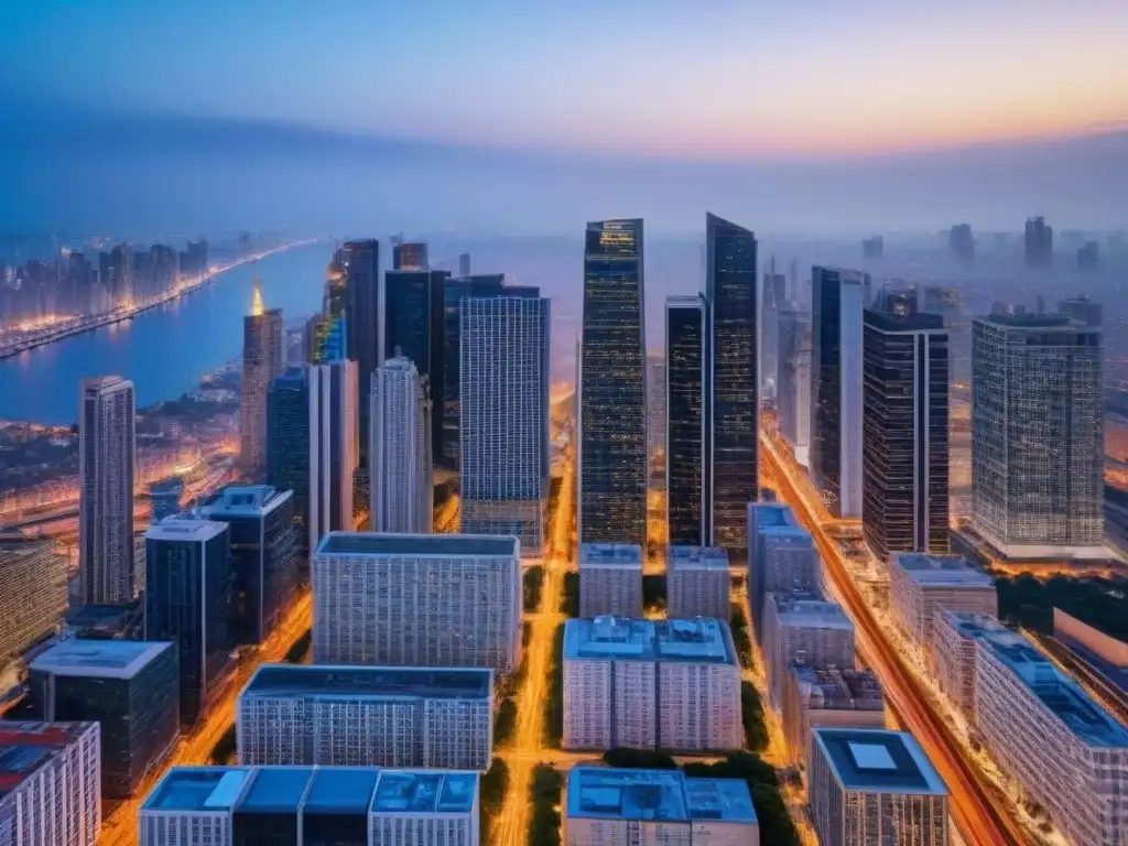 Vibrante metrópolis nocturna: luces y modernidad urbana Vibrante ciudad metropolitana al anochecer con rascacielos iluminados, reflejo de la innovación tecnológica para inversión inmobiliaria