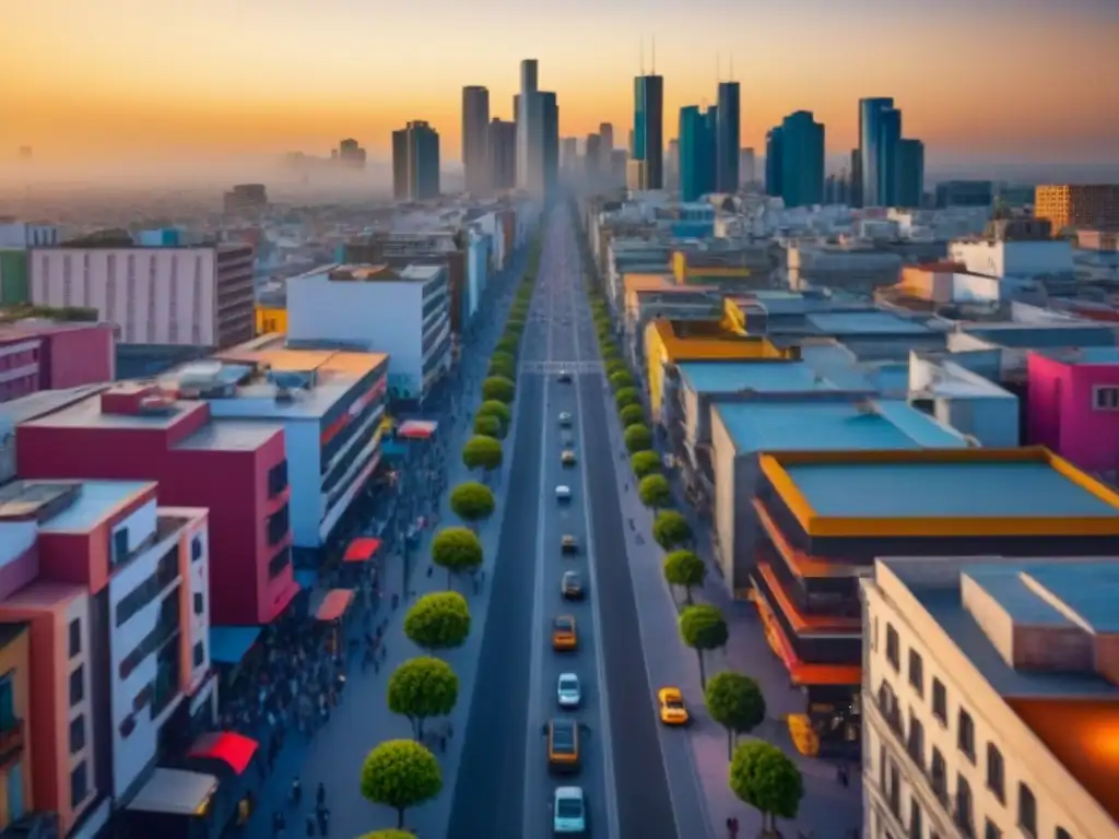 Cityscape mexicano: evolución dinámica del mercado inmobiliario Vibrante ciudad mexicana al atardecer, con mezcla de arquitectura moderna y colonial