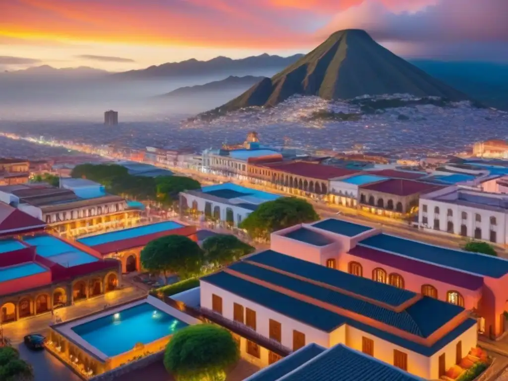 Horizonte vibrante de una ciudad mexicana: modernidad y tradición bajo el sol Vibrante ciudad mexicana con modernos rascacielos y arquitectura tradicional iluminada por el cálido sol poniente