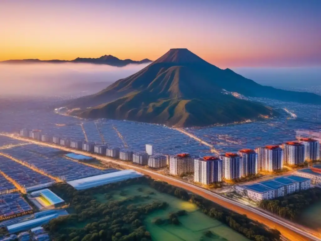 Inversiones inmobiliarias en México: crecimiento dinámico al atardecer Vibrante ciudad mexicana con rascacielos y edificios en construcción al atardecer, rodeada de montañas majestuosas