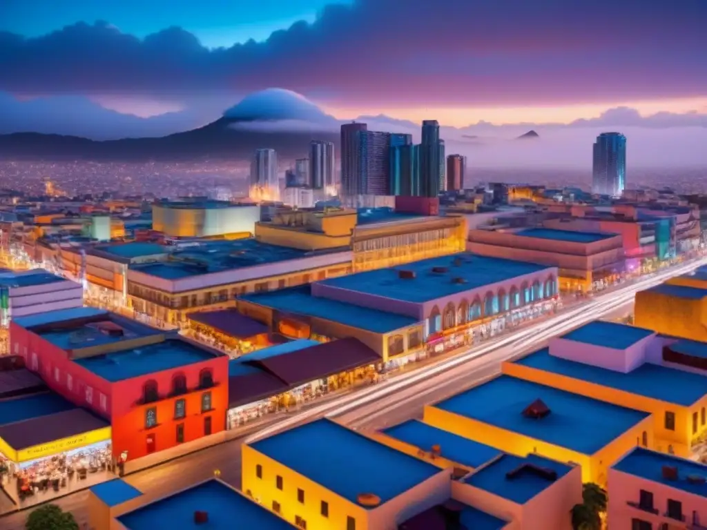 Vibrante ciudad mexicana al anochecer: ilustración ultrarrealista 8k Vibrante ciudad mexicana al anochecer, con rascacielos iluminados y bulliciosa calle