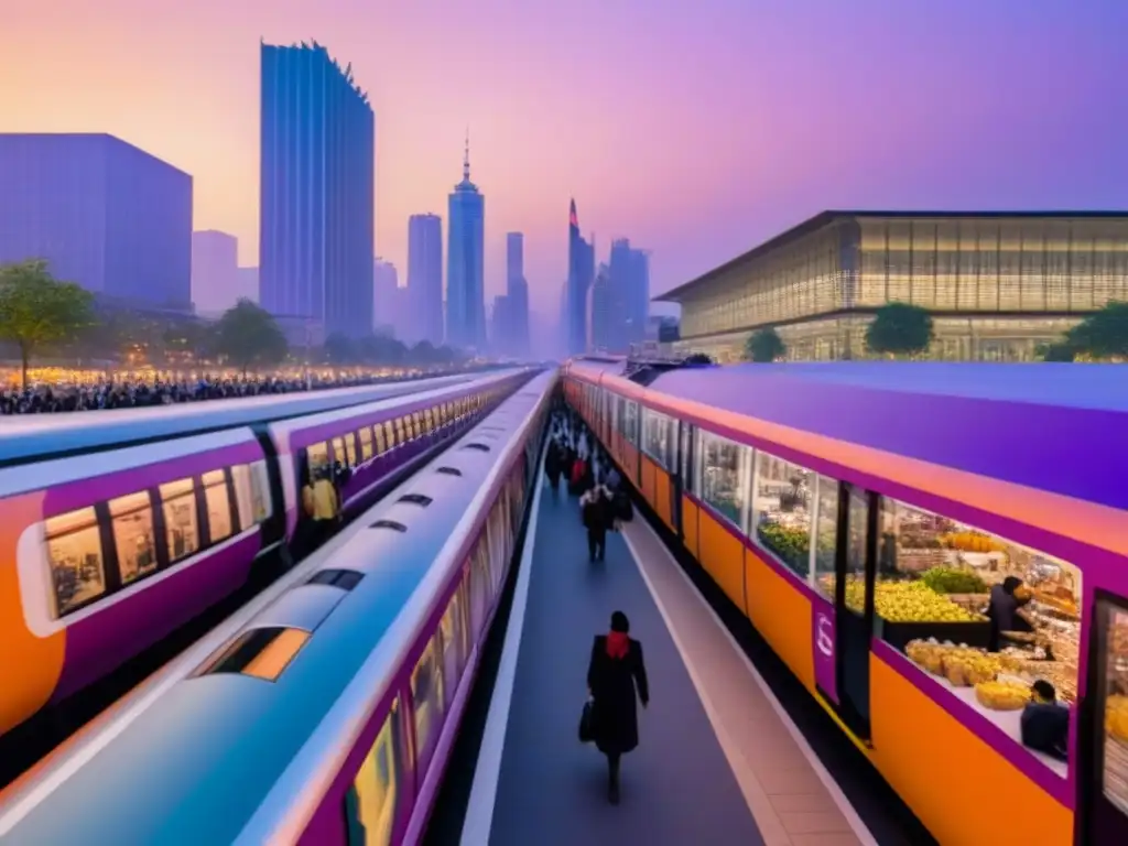 Metrópolis multicultural en transición al anochecer Vibrante ciudad al anochecer, mezcla de arquitectura histórica y rascacielos modernos, reflejando la evolución urbanismo impacto cultura regional