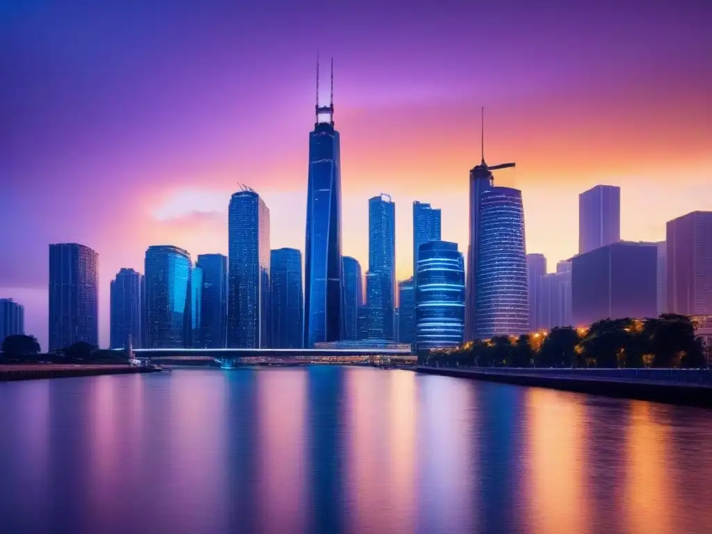 Espectacular skyline urbano al atardecer: seguro para propietarios Vibrante ciudad moderna al atardecer, reflejada en un río tranquilo