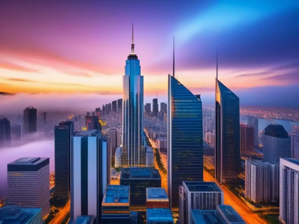Horizonte urbano al atardecer: mercado inmobiliario en auge Vibrante ciudad moderna al atardecer, reflejando rascacielos y calles llenas de profesionales