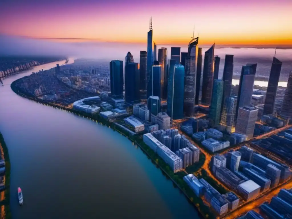 Vista aérea impresionante de ciudad moderna al atardecer Vibrante ciudad moderna al atardecer, con rascacielos brillantes y un río serpenteante reflejando el sol