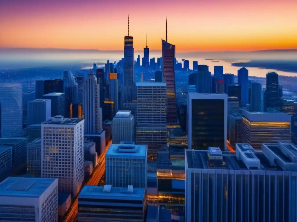 Espectacular skyline urbano al atardecer en 8k Vibrante ciudad moderna al atardecer, con rascacielos de cristal reflejando el sol, calles llenas de gente y autos en movimiento
