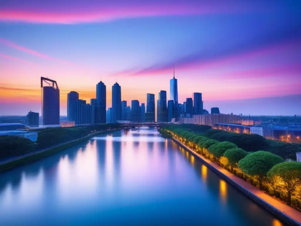 Horizonte urbano al atardecer: innovación y armonía en la ciudad moderna Vibrante ciudad moderna al atardecer, con rascacielos iluminados y un río sereno