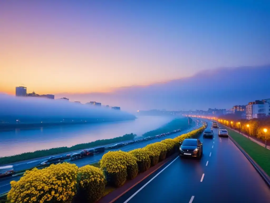 Vibrante ciudad moderna al atardecer: luces doradas y vida urbana Vibrante ciudad moderna al anochecer, con edificios iluminados y gente en movimiento