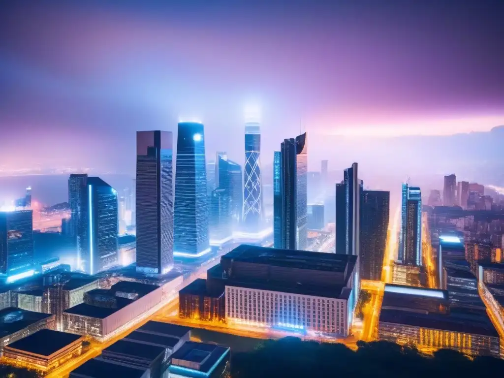Metrópolis futurista: Estrategias para maximizar ROI Vibrante ciudad moderna de noche con estrategias ROI en desarrollos comerciales multifuncionales