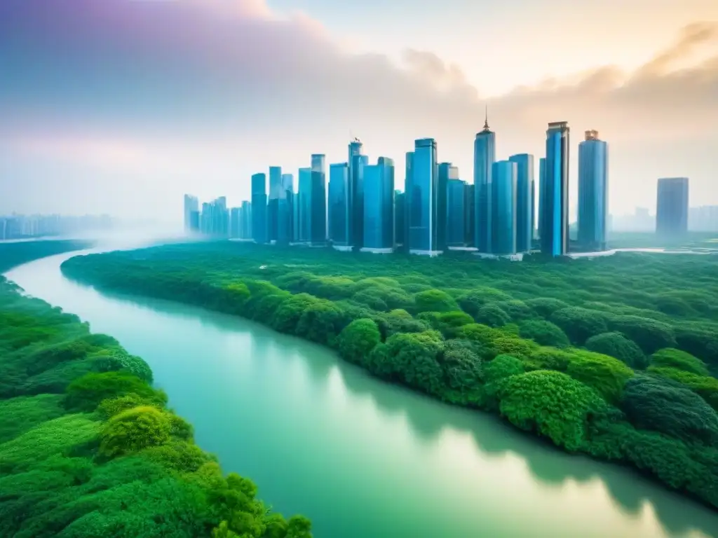 Horizonte urbano moderno con rascacielos y parques verdes Vibrante ciudad moderna con rascacielos y parques, ilustrando la armonía entre desarrollo urbano y conservación ambiental