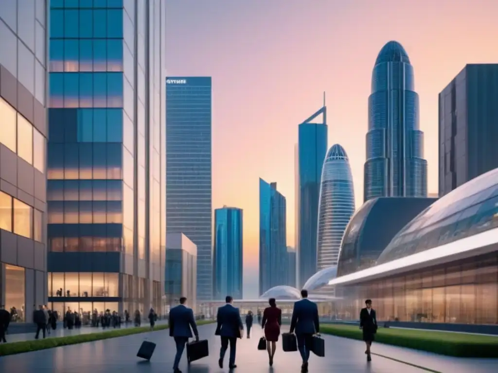 Vibrante ciudad moderna al anochecer con rascacielos iluminados y profesionales en la calle