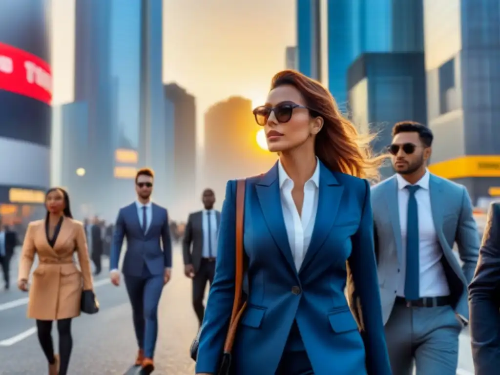 Vibrante ciudad moderna: negocios y oportunidades al atardecer Vibrante ciudad moderna con rascacielos y negocios diversos, profesionales en trajes, discutiendo