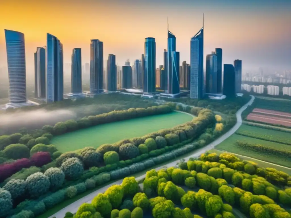 Horizonte urbano sostenible: rascacielos y naturaleza Vibrante ciudad moderna rodeada de naturaleza, resaltando la importancia de prácticas inmobiliarias sostenibles