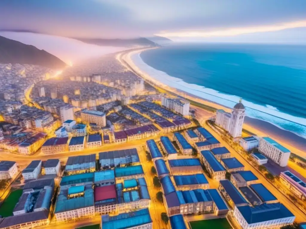Vista aérea de Lima, Perú: modernidad y potencial inmobiliario Vibrante ciudad de Lima, Perú con modernos rascacielos y costa del Pacífico