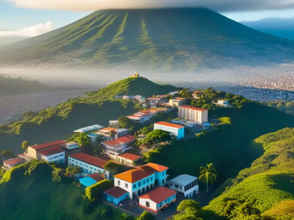 Vista aérea de San Salvador: modernidad y historia entre montañas Vibrante ciudad de San Salvador con modernos rascacielos, arquitectura colonial y montañas al fondo