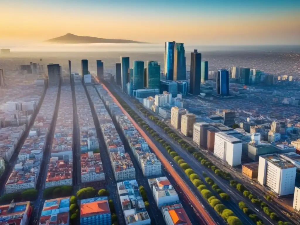 Skyline de Ciudad de México: crecimiento urbano y oportunidades La vibrante ciudad de México con modernos rascacielos y vida urbana, reflejando la influencia de la legislación inmobiliaria en México