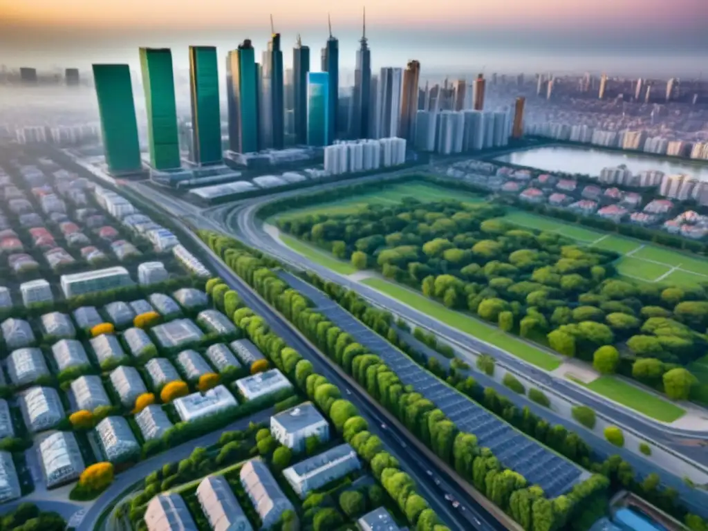 Integración urbana: armonía entre arquitectura y planificación Vibrante ciudad con modernos rascacielos y edificios residenciales, destacando la integración de leyes urbanísticas en el desarrollo inmobiliario
