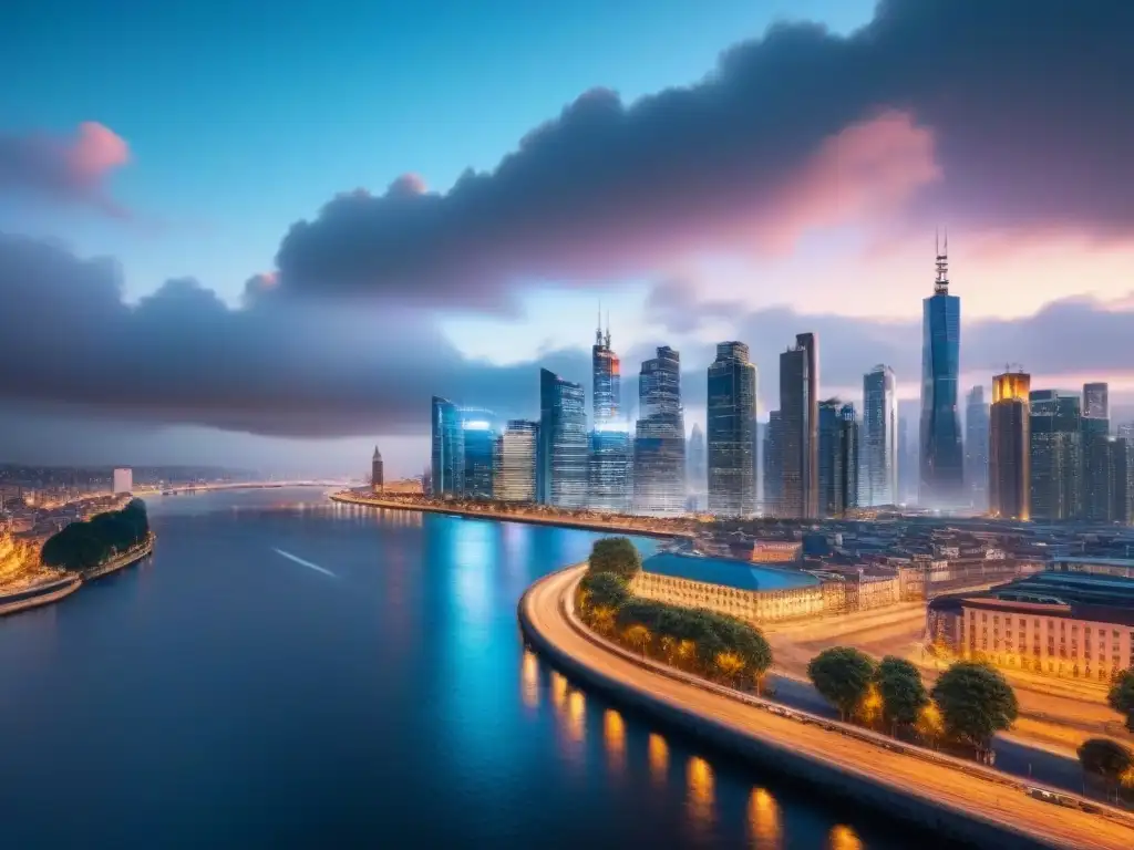 Cityscape nocturno: modernidad urbana en 8k Vibrante ciudad al anochecer, con modernos rascacielos y bulliciosas calles, reflejados en el río