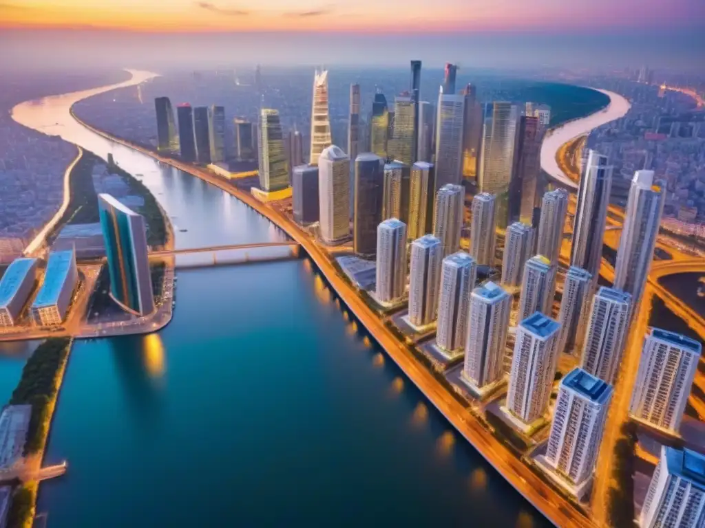 Horizonte urbano vibrante al anochecer: inversión inmobiliaria internacional Vibrante ciudad al anochecer con modernos rascacielos iluminados, calles concurridas y río reflejando el sol