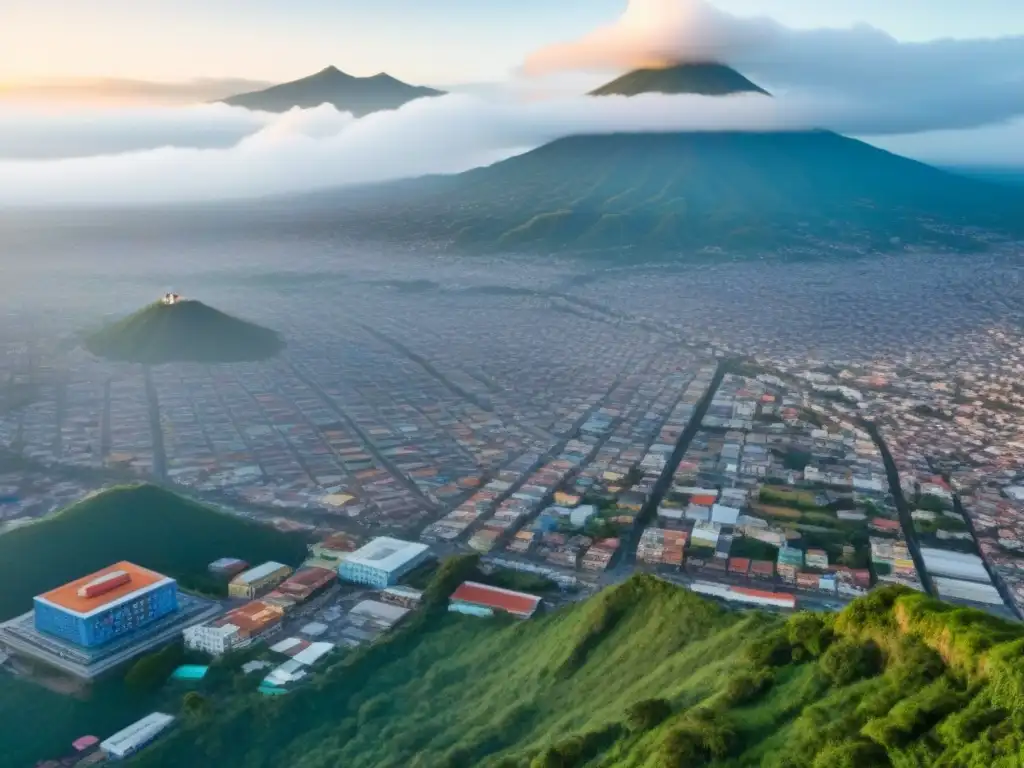 Panorámica detallada de San Salvador: modernidad y tradición en El Salvador Vibrante ciudad de San Salvador con montañas verdes y oportunidades inmobiliarias en El Salvador
