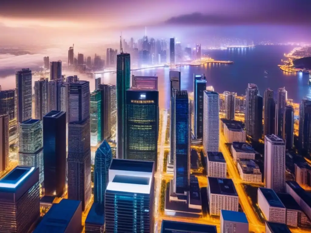 Cityscape nocturno: luces vibrantes en el centro financiero Vibrante ciudad de noche con rascacielos iluminados, reflejo de inversiones inmobiliarias internacionales financiamiento