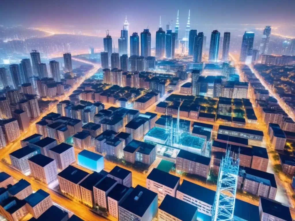 Metrópolis nocturna iluminada: telecomunicaciones urbanas Vibrante ciudad de noche con servicios de telecomunicaciones en propiedades urbanas