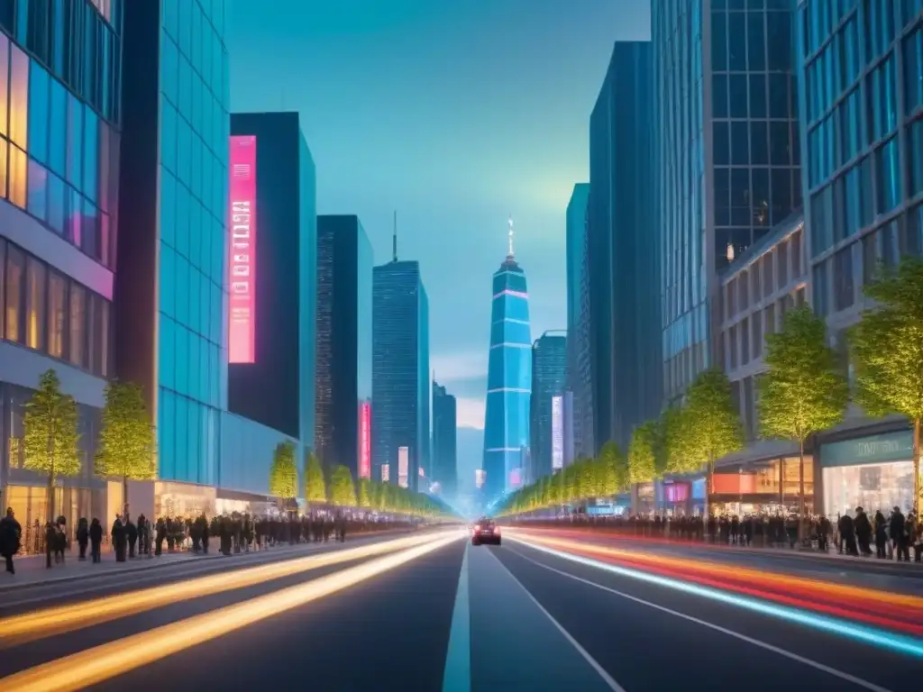 Metrópolis futurista: luces, arquitectura moderna y vida urbana nocturna Vibrante ciudad nocturna con arquitectura moderna y zonas verdes, simbolizando la revitalización urbana