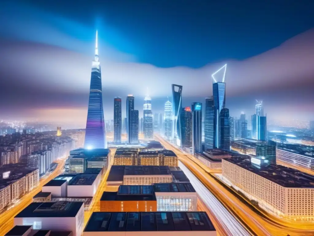 Cityscape nocturno: modernidad y éxito financiero en edificios comerciales Vibrante ciudad nocturna con edificios comerciales modernos iluminados y rascacielos futuristas, transmitiendo sofisticación y dinamismo