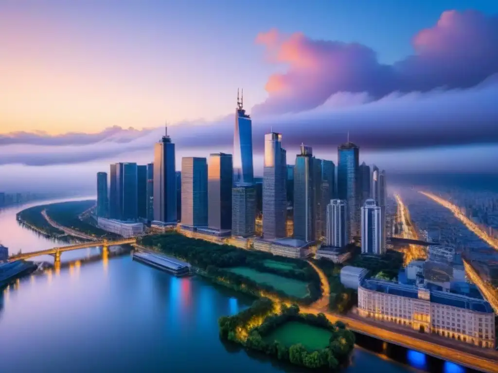 Metrópolis brillante: luces y rascacielos al anochecer Vibrante ciudad nocturna reflejando luces en el río, ideal para inversores inmobiliarios en Deducciones fiscales