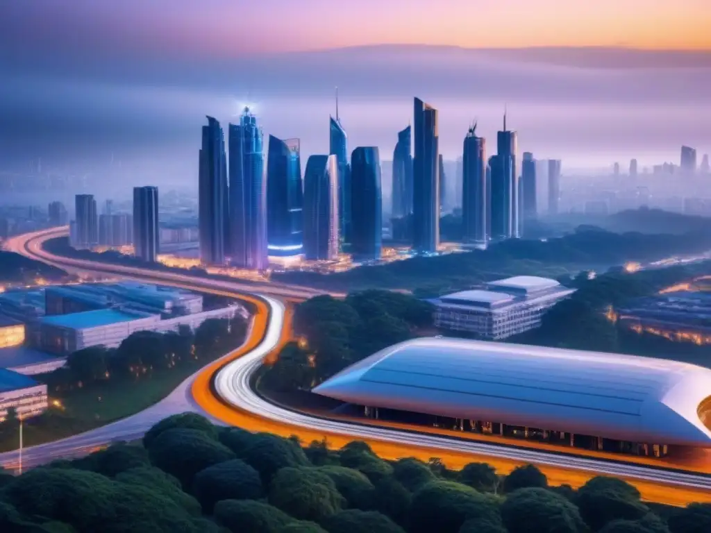 Metrópolis futurista: armonía entre tecnología y naturaleza Vibrante ciudad nocturna con luces neón, rascacielos futuristas y diseño urbano inteligente, simbolizando la fusión de tecnología y naturaleza en un entorno urbano avanzado