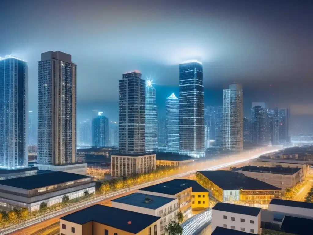 Metrópolis nocturna: rascacielos modernos iluminados Vibrante ciudad nocturna con modernos rascacielos iluminados, reflejo de la vivienda vertical en el mercado inmobiliario
