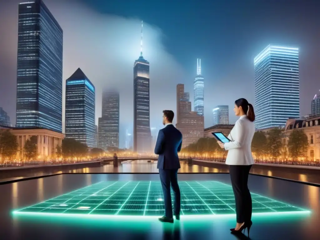Cityscape nocturno: networking en moderno skyline Vibrante ciudad nocturna con profesionales en evento al aire libre y gráfico de seguros propiedades comerciales mercado inmobiliario