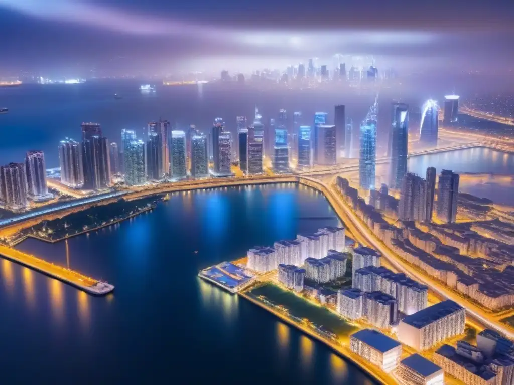 Metrópolis futurista: arquitectura inteligente y tecnología luminosa Vibrante ciudad nocturna con rascacielos iluminados y tecnología inteligente, representando ciudades inteligentes en el mercado inmobiliario