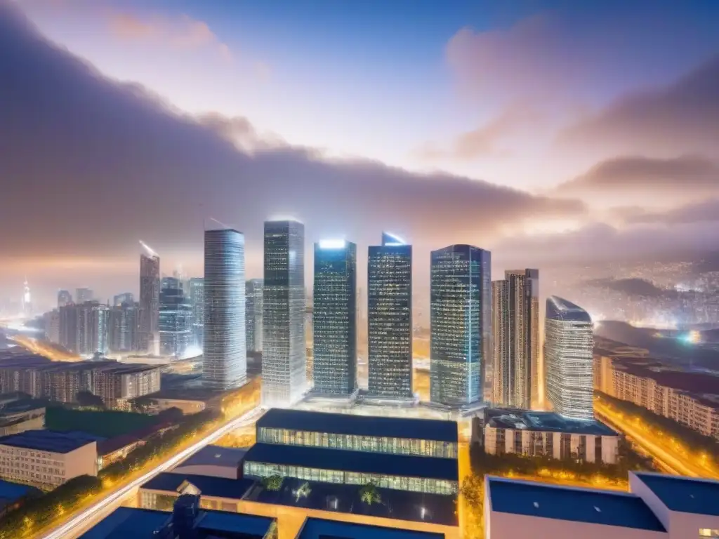 Horizonte urbano: impacto de políticas monetarias en REITs Vibrante ciudad nocturna con rascacielos e impacto de políticas monetarias en rendimiento REITs