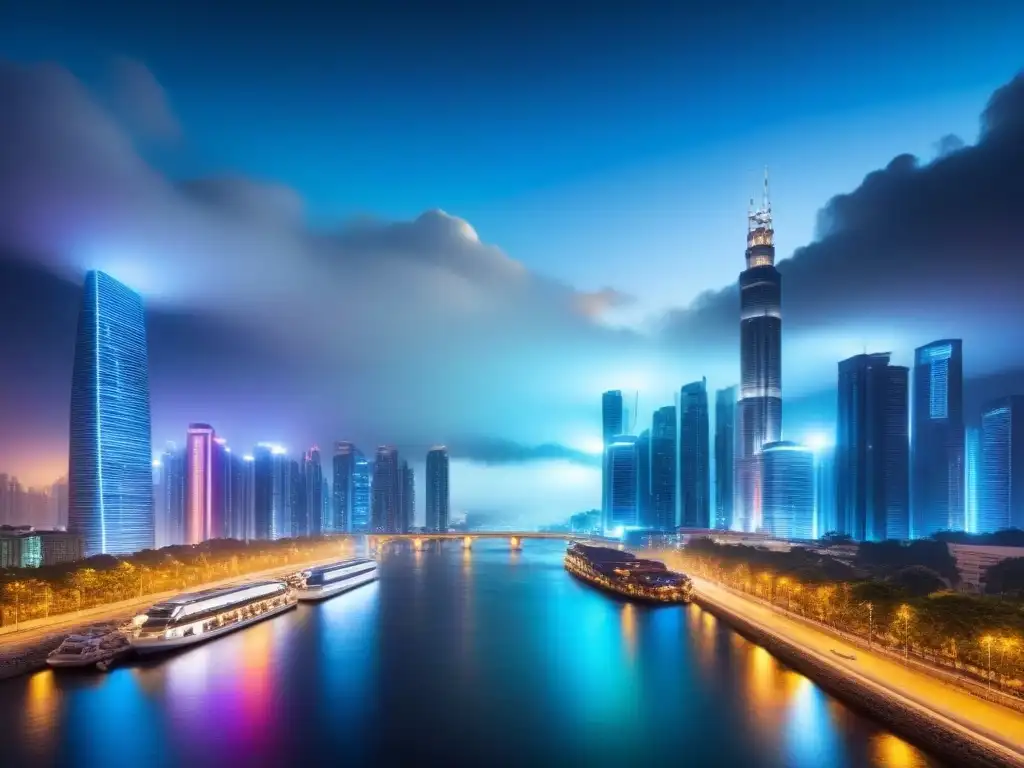 Horizonte urbano nocturno: luces vibrantes en rascacielos futuristas Vibrante ciudad nocturna con rascacielos iluminados, simbolizando el potencial de inversiones inmobiliarias en mercados emergentes
