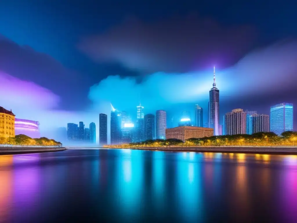 Metrópolis futurista: luces nocturnas de oportunidad inmobiliaria Vibrante ciudad nocturna: rascacielos iluminados y río tranquilo