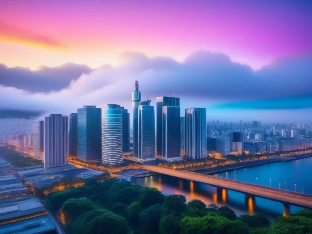 Skyline urbano iluminado: estrategias de marketing digital Vibrante ciudad nocturna con rascacielos de vidrio iluminados y líneas brillantes, simbolizando estrategias de SEO para bienes raíces avanzado