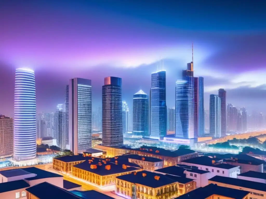 Metrópolis futurista: innovación en el sector inmobiliario Vibrante ciudad nocturna con rascacielos futuristas iluminados por luces de neón, reflejo de la integración de la tecnología en el sector inmobiliario
