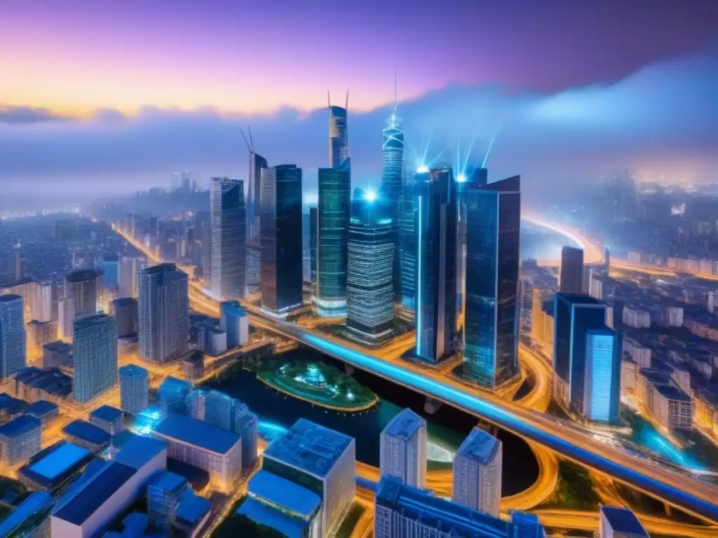 Metrópolis nocturna: fusión de Big Data y AI en inversión inmobiliaria Vibrante ciudad nocturna con rascacielos iluminados y datos brillantes, simbolizando la inversión inmobiliaria big data IA