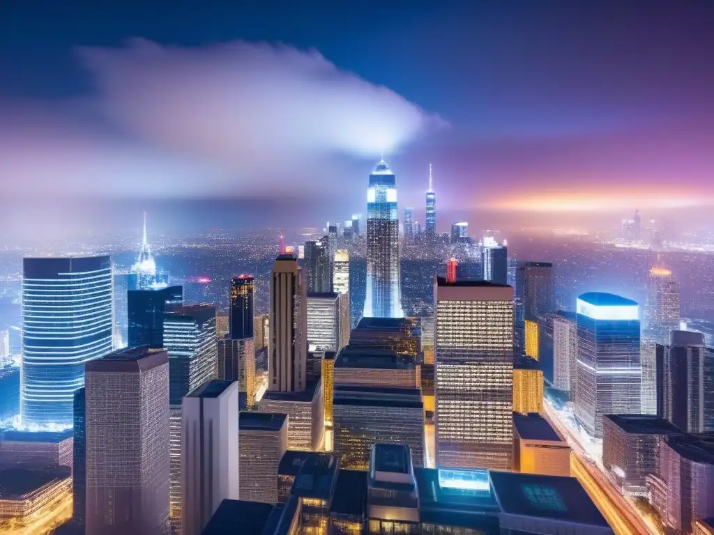 Innovación inmobiliaria: oficina futurista con IA en la ciudad nocturna Vibrante ciudad nocturna con rascacielos futuristas iluminados y oficina inmobiliaria moderna