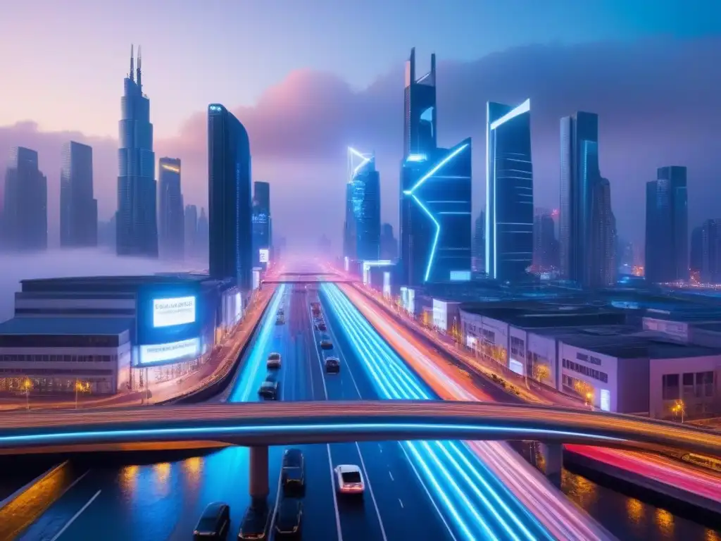 Metrópolis futurista: luces neon y tecnología AI revolucionaria Vibrante ciudad nocturna con rascacielos futuristas iluminados por luces de neón, tecnología IA en desarrollo urbano
