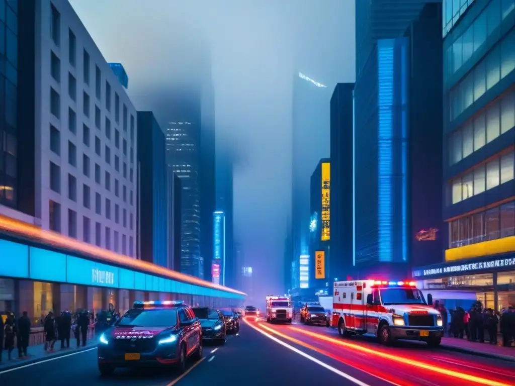 Metrópolis nocturna: luces de neón y servicios de emergencia en acción Vibrante ciudad nocturna con rascacielos iluminados por luces de neón, mostrando vehículos de emergencia